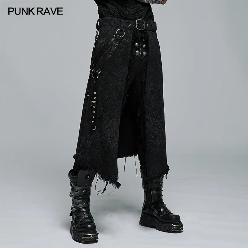 PUNK RAVE Men's Gothic Textured Printed Stylish Kilt Decorated Which Is Detachable Leather Loop Party Club Men Black Skirtpants