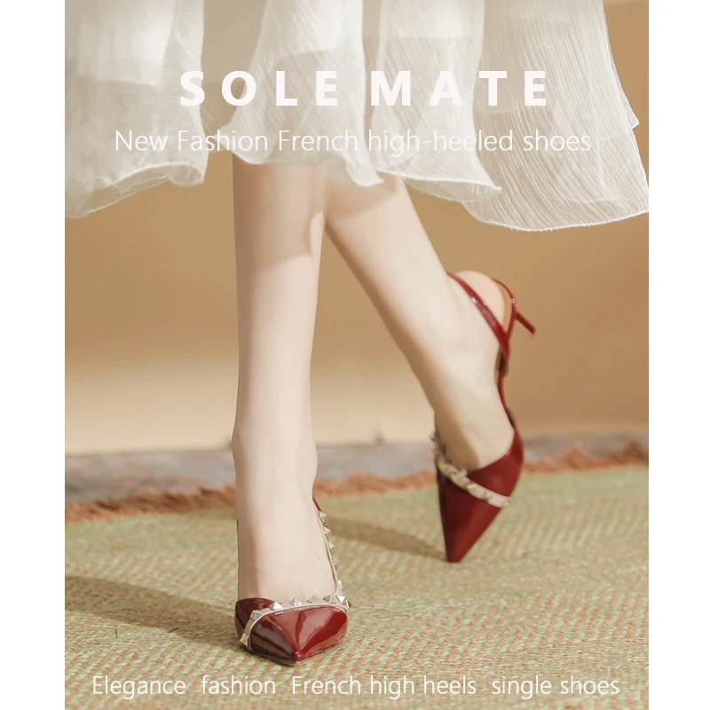 2023 SOLEMATE New Black Sheepskin Padded Riveted High Heels, Red Thin Heel Willow Studded Single Shoes, Hollow Sandals for Women