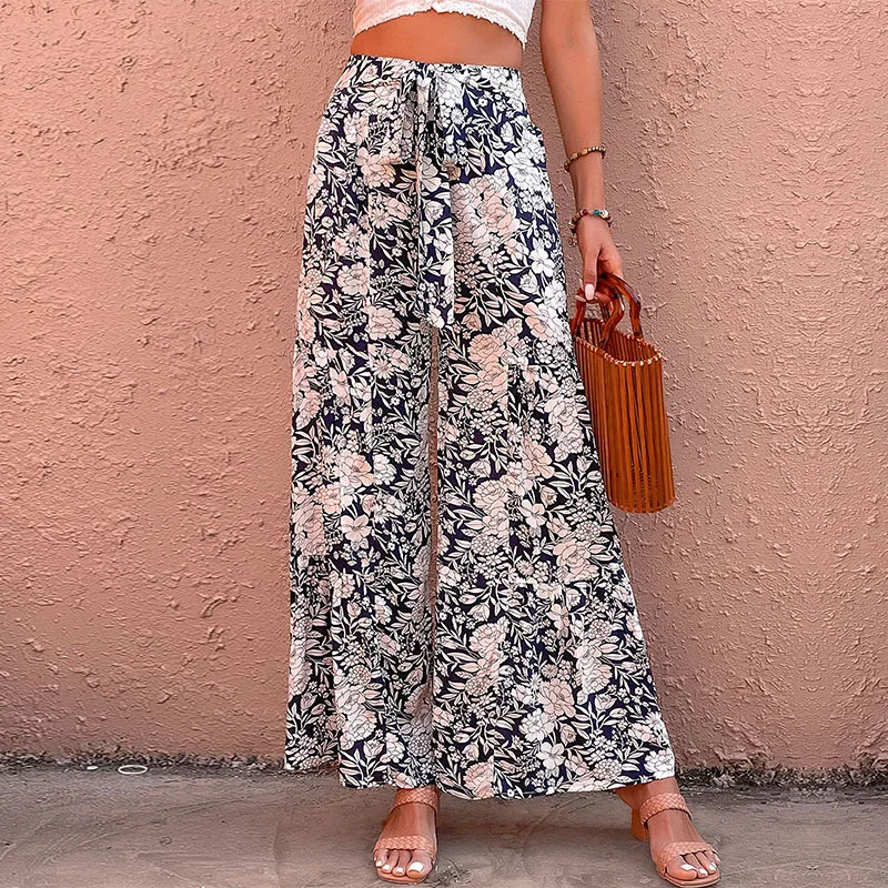 2023 summer new women's trousers printed high waist micro flared trousers for women