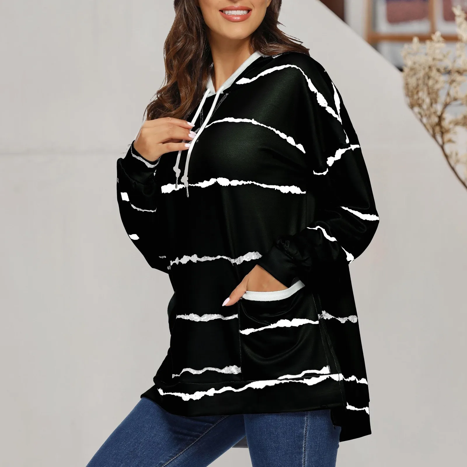 

Striped V-neck Autumn Pocket Casual Winter Sleeve Long Women Hooded Tops Women's Blouse vetement
