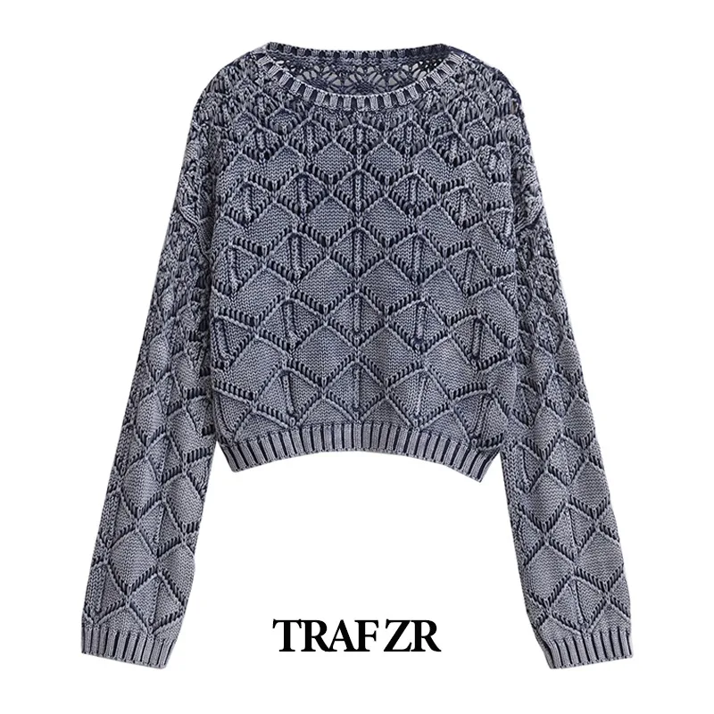 

TRAF ZR O-neck Pullovers Sweater Y2k Streetwear Hollow Out Tops Knitwears Crop Knit Long Sleeve Vintage Autumn Knittin Dolly