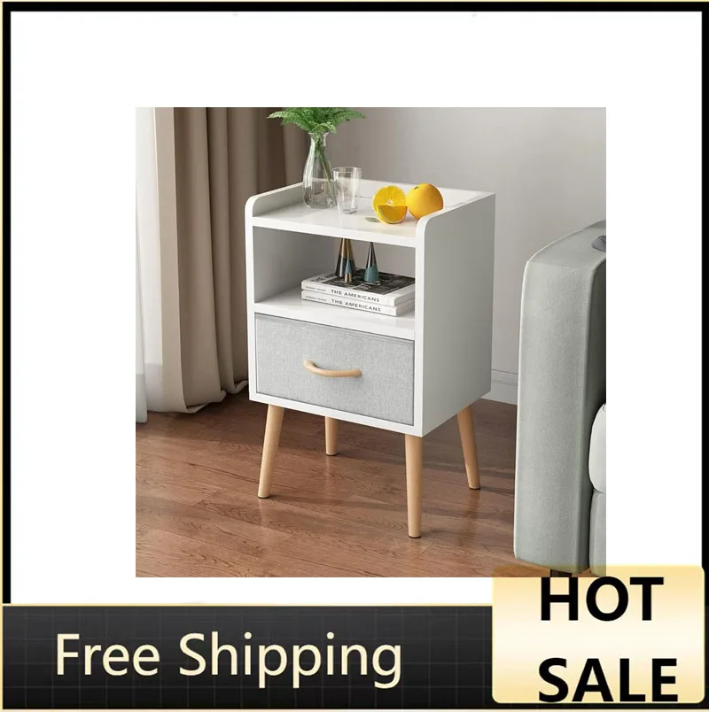 

Тумбочка с тканевым выдвижным ящиком, минималистичный и практичный боковой столик с открытой полкой для спальни, белая.