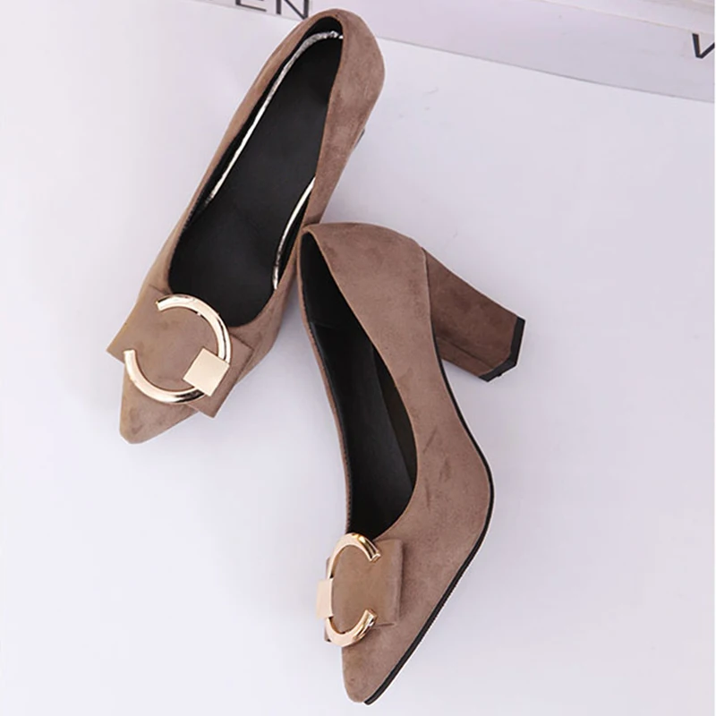 

Women Metal Pumps Ladies Fashion Square Heels Woman Pointed Toe Slip On Casual Shoes Female Solid Comfortable Footwear 2020 New