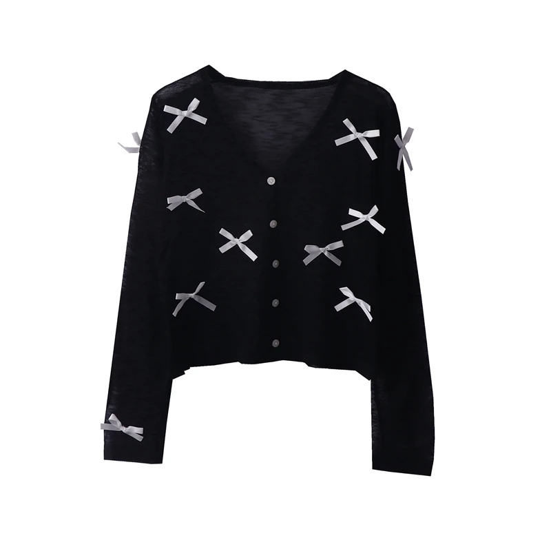 Милый шикарный тонкий вязаный кардиган с бантом женские летние облегающие