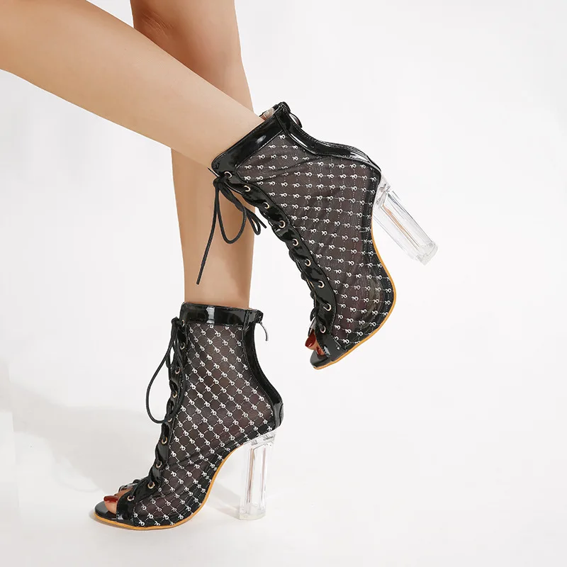

New Fashion Crystal Chunky Heel Sandals Mesh Lace High Heel Fish Mouth Roman Shoes Women Sandals heels women