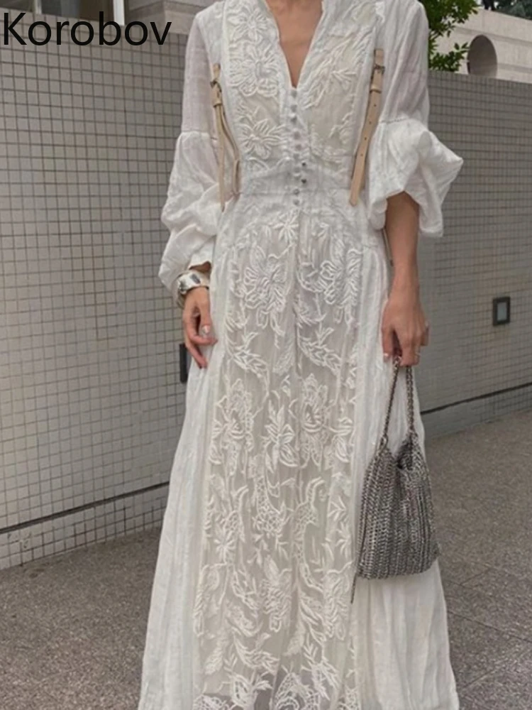 

Korobov Vintage Summer Japan Style Robe Dress Lantern Sleeve Lace V Neck Splicing Temperament Vestidos De Verano Mujer 2022