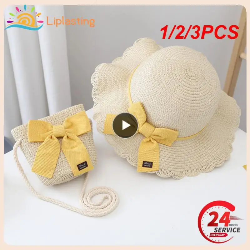 

1/2/3PCS Summer Girl Sun Hat Backpack New Children's Straw Weave Beach Caps Bow Tie Headgear Sandy Beach Supplies Cute Coin