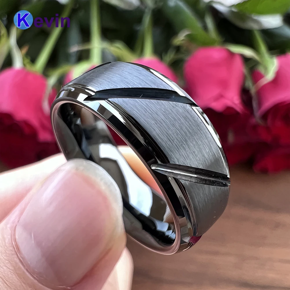 

CLASSIC 8mm Black Tungsten Carbide Ring Grooved Men Women Wedding Band Step Bevel Edges Comfort Fit