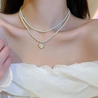 ailodo multilayer pearl chain heart pendant necklace for women elegant party wedding pearl necklace fashion jewelry girls gift