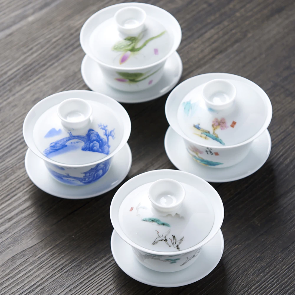 Фото Фарфоровый чайный набор ручной работы Gaiwan Persimmon, Цзиндэчжэнь, Gaiwan, китайские чайные чашки Chawanmushi, чаша с крышкой №3