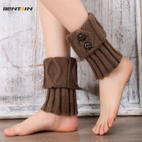 knitted booties women woolen keep warm leg warmer flip button boot cover mushroom buckle crochet socks boot cuffs