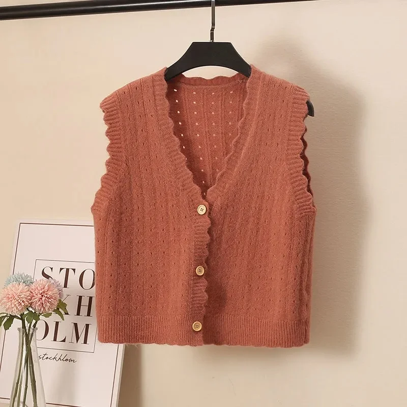 

Women's All-Match Sleeveless Top Solid Vest Short V Neck Knitted Waistcoat Cardigan Sweater Single-Breasted Hollow Out Outwear