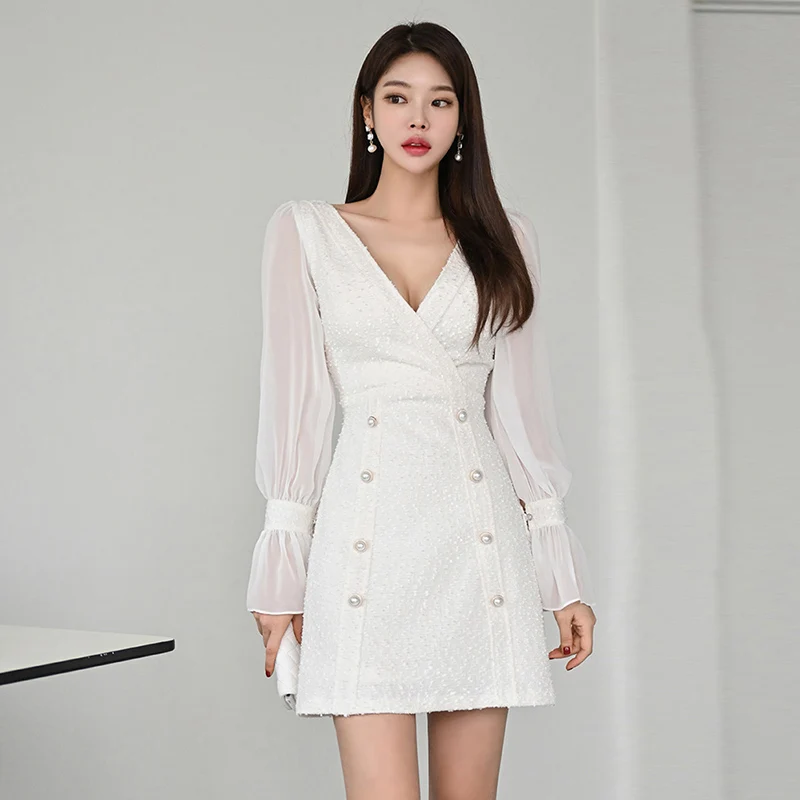 

Женское двубортное платье с V-образным вырезом, элегантное винтажное облегающее Деловое платье составного кроя трапециевидной формы в Корейском стиле с расклешенными рукавами, весна-осень