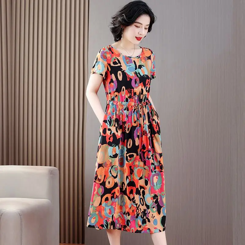 

New 2023 Fashion Summer Women Clothing Loose Print Floral Dresses Female Plus Size Elegant Office Ladies A-line Dresses Q154