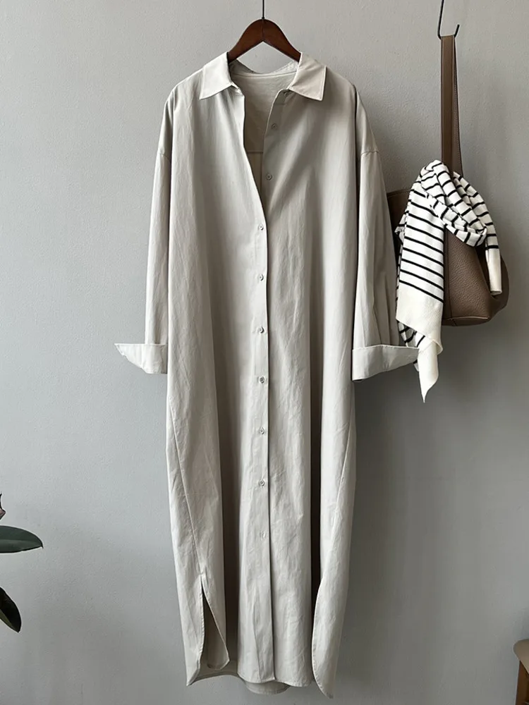 [HAIBE] Хорошее качество темпераментное длинное платье-рубашка с разрезом женское