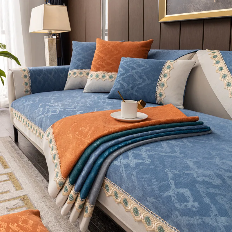 

1/2/3/4 Seater Chenille Couch Covers Gray Jacquard Lace Stitching Sofa Towel Universal Non-slip Leather Couch Cover Full Size
