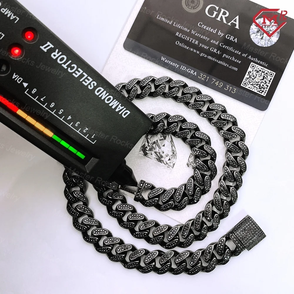 Кубинская цепочка в стиле хип-хоп 10 мм 12 14 стерлинговое серебро 925 пробы черная