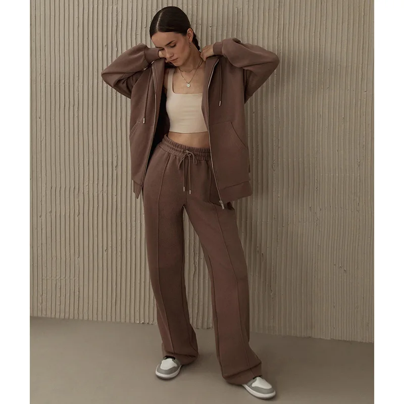 

Autumn and Winter New Solid Hoodie Street Fashion Man Loose Straight Trousers Comfortable Casual Zipper Sweater Set