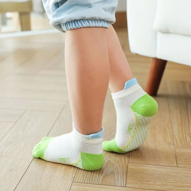 5 Pairs Children Sport Socks with Toes Baby Boys Girls Kids Pure Cotton Mesh Breathable Five Finger Short Tube Heel Guard Socks