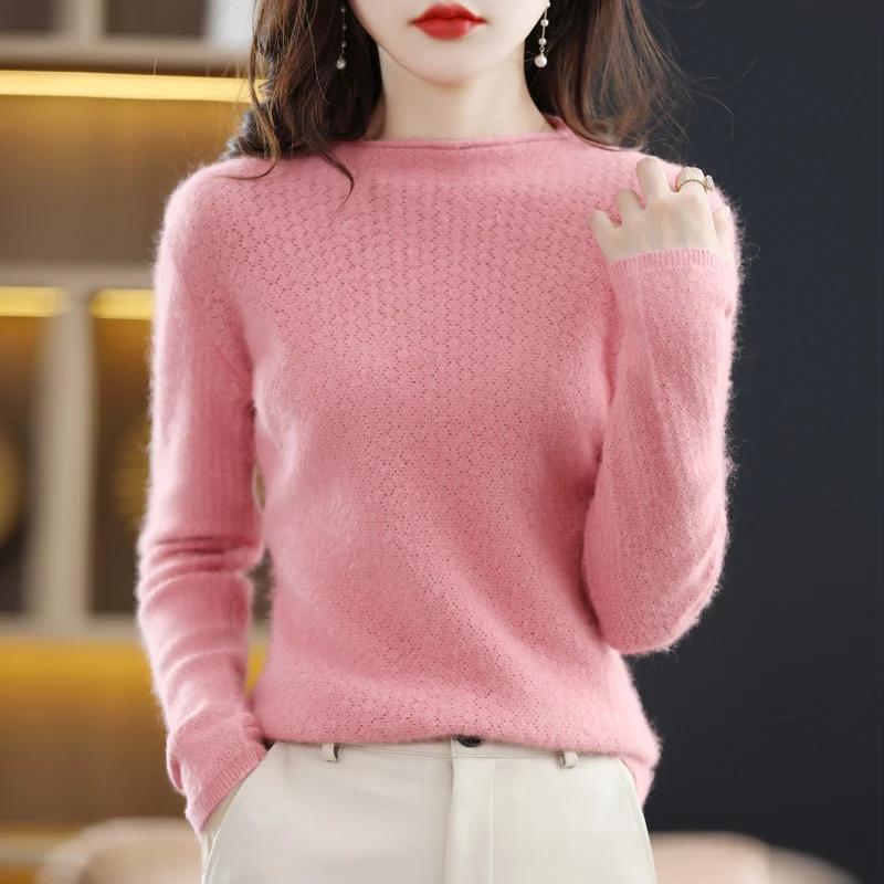 Autumn And Winter 2023 New Women's 100% Pure Mink Flannel Round Neck Hollowed Out Fashion Slim Solid Color Knit Bottoming Top