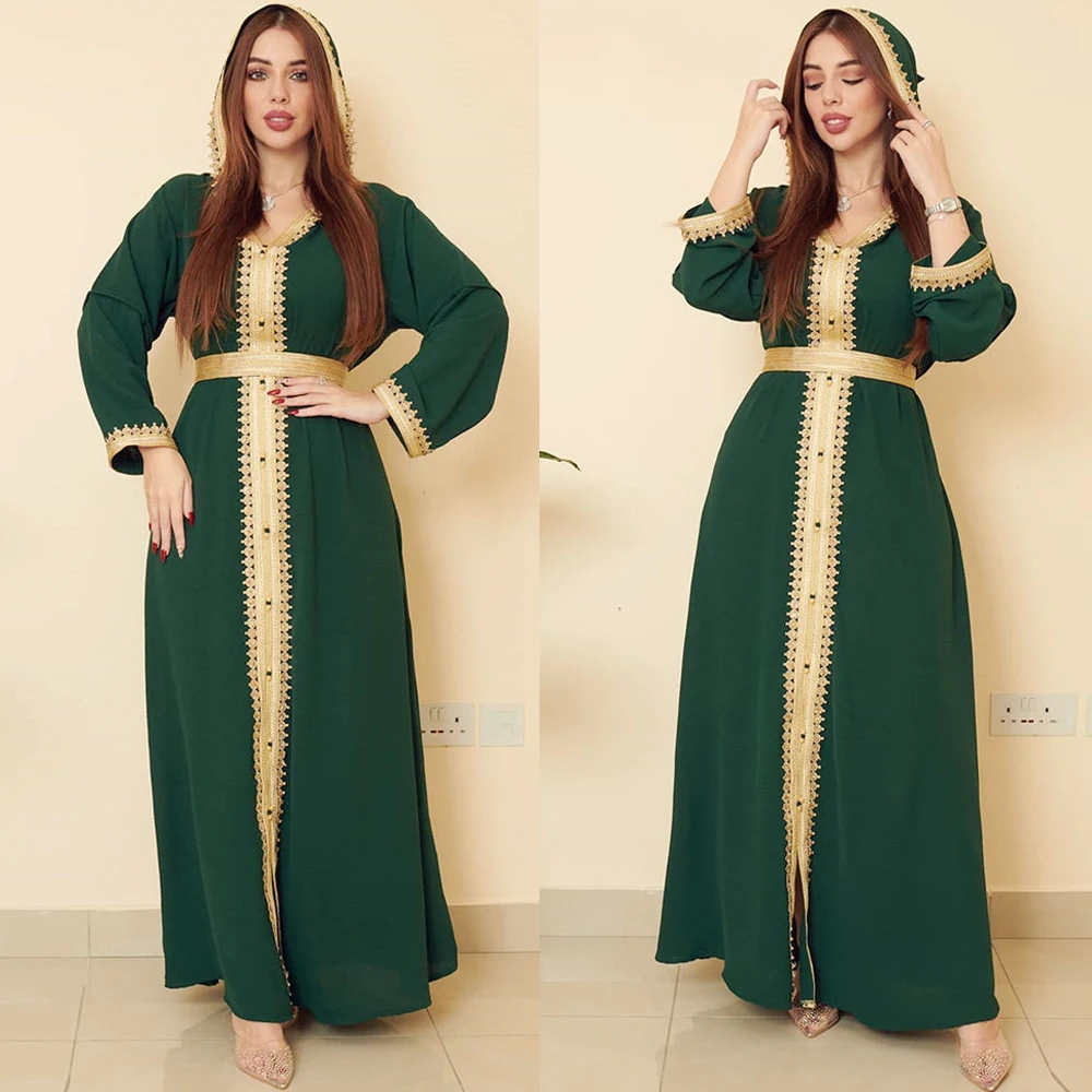 Мусульманское платье-абайя с капюшоном для женщин, роскошная ленточная одежда, марокканский кафтан, яркая Арабская одежда, Рамадан, ИД-Муба...