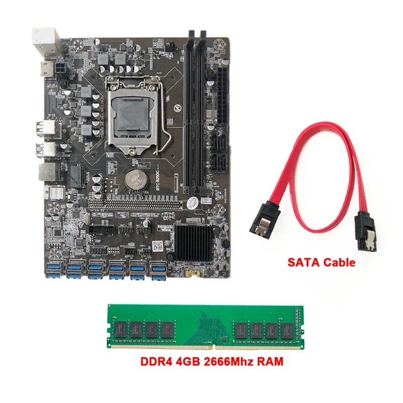 

Материнская плата B250C для майнинга BTC + DDR4 4G 2666 МГц память 12xpcie к USB3.0, слот для графической карты LGA1151, материнская плата для компьютера