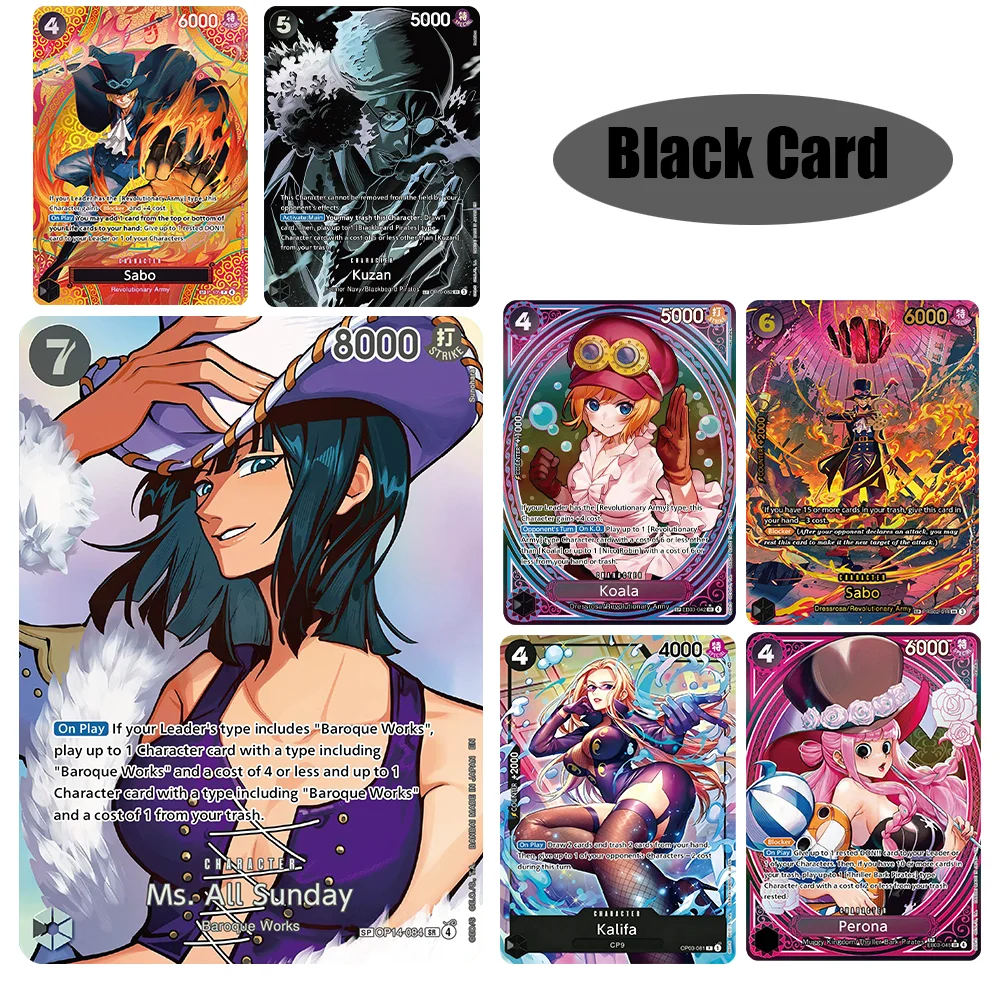 Фото Коллекционные карточки One Piece TCG: черные карточки персонажей SR (Кузан, Сабо, Коала, Калифа, Перона, Лабун), английская реплика, прокси-карта, подарок, игрушка. №1