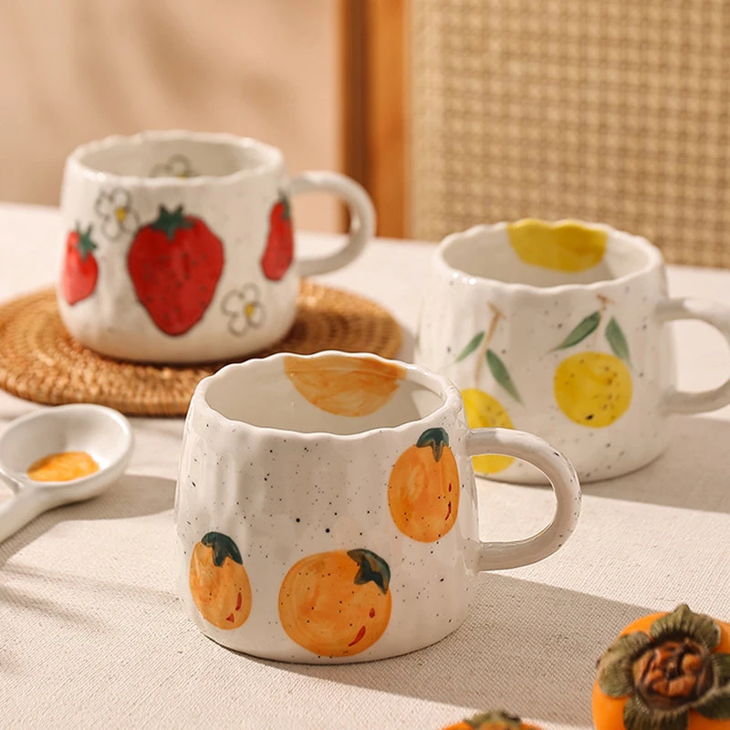 

Керамические чашки для чая и кофе с мультяшным рисунком фруктов, кружки для сока и завтрака, простые домашние ручные кружки для молока и кофе, домашние аксессуары