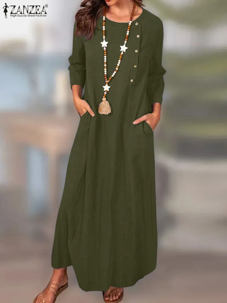 

Осеннее длинное женское Платье макси с рукавом 3/4 и круглым вырезом, элегантные свободные платья, офисный халат 2022 ZANZEA, праздничный кафтан