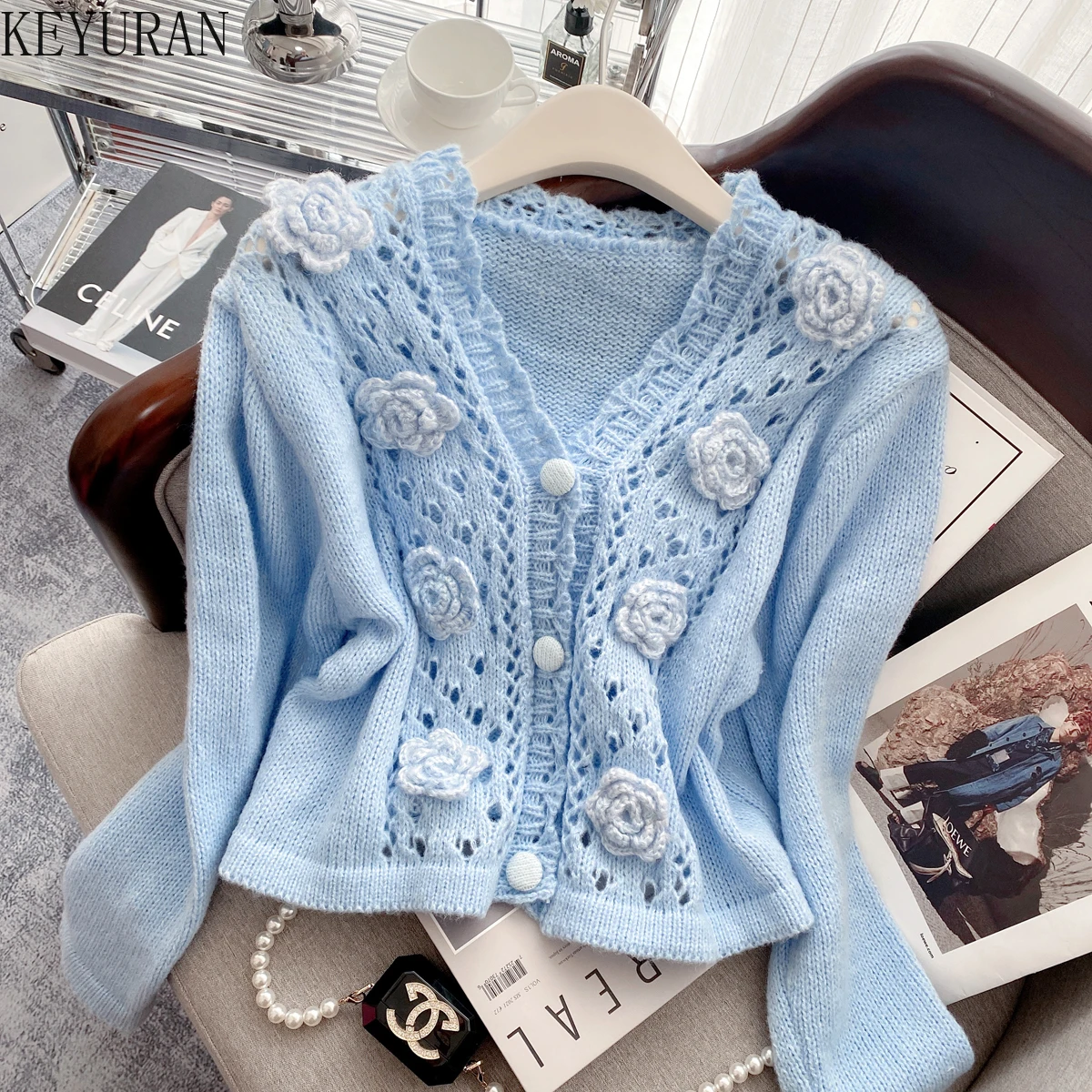 

Three-dimensional Flowers Knitted Cropped Cardigan Sweater Women Korean Fashion Hollow Crochet Long-sleeved V-neck Sweaters Coat