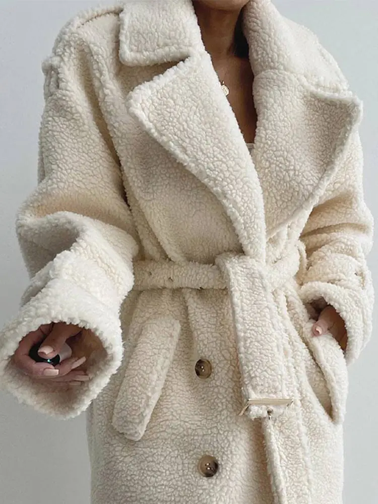 

Suninheart Women's Double Breasted Belt Lamb Fleece Coat Solid Turn-down Collar Pocket Warm Jacket Winter Thicken Plush Coat