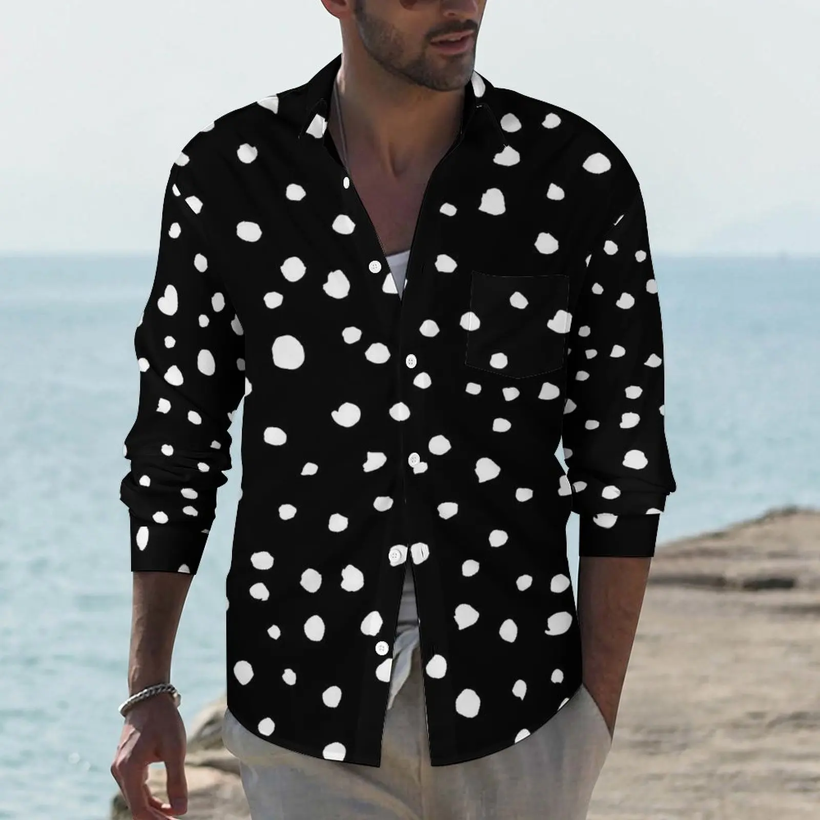 

Dalmatian Spots Print Casual Shirts Men White Polka Dots Shirt Long Sleeve Loose Street Blouses Autumn Graphic Plus Size 3XL 4XL