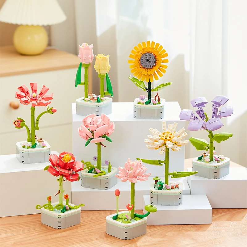 

Building Blocks Bricks DIY Flower Rose Sunflower Potted Bouquet Home Decoration Desktop Ornament Block Girl Gift Children's Toys