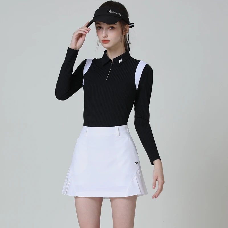 2022 Azureway Golf Ladies Apparel Fall Long Sleeve Zipper Golf Shirts Slim Breathable Golf Polo Shirt Women Top Short Skirt