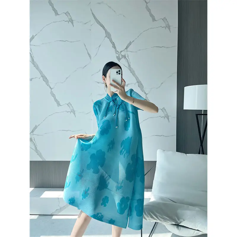 

Pleated summer short-sleeved dress female 2022 new slits show thin casual stand-up collar printed a-line skirt women clothing