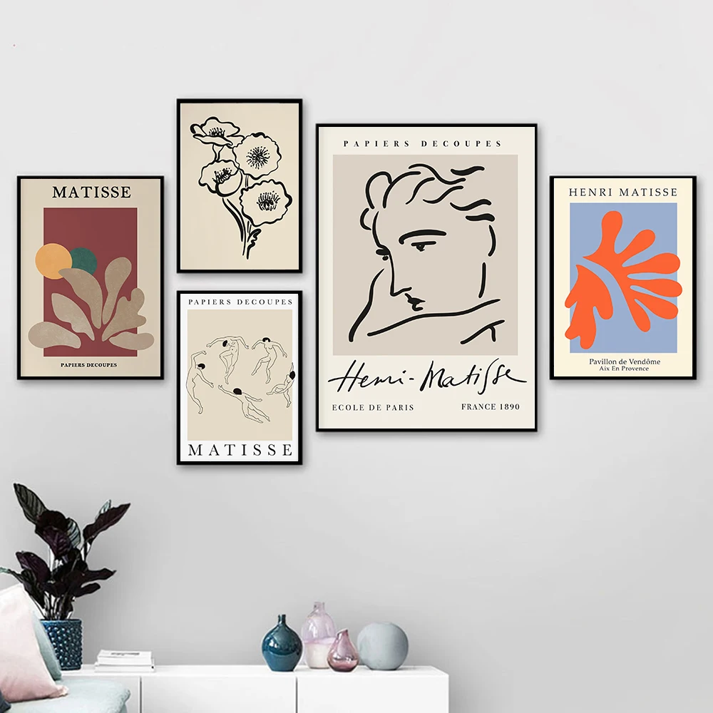 Настенная картина Matisse с абстрактными линиями бежевые цветы женское лицо