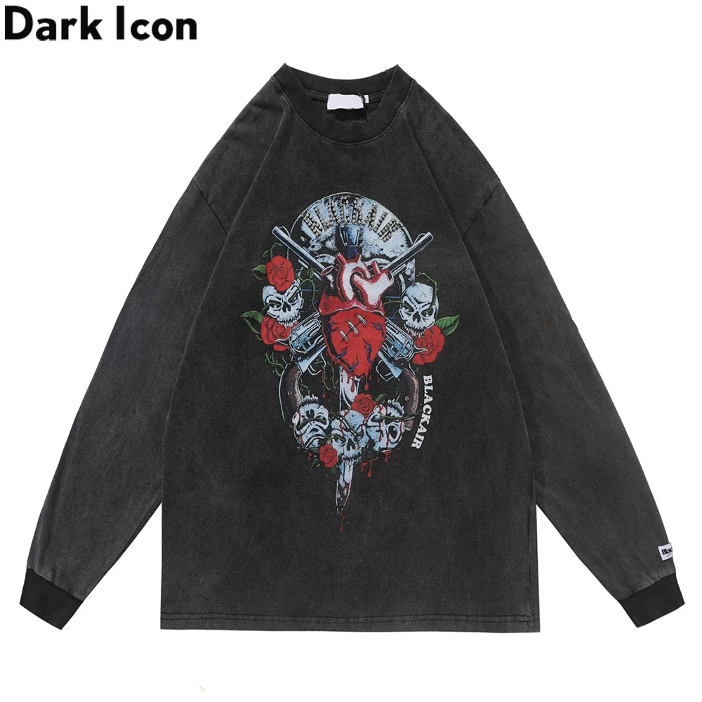 

Мужская футболка с длинным рукавом Dark Icon, хлопковая Футболка оверсайз с цветочным принтом и скелетом