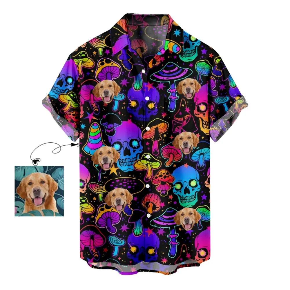 

Индивидуальная рубашка Aloha, рубашка с принтом в виде черепа и гриба, персонализированные мужские пляжные повседневные рубашки Aloha