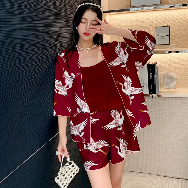 

Burgundy New 3PCS Print Crane Pajama Sets Women Thin Nightwear Sexy V-Neck Short Sleeve Sleepwear Casual Pyjama Home Clothes