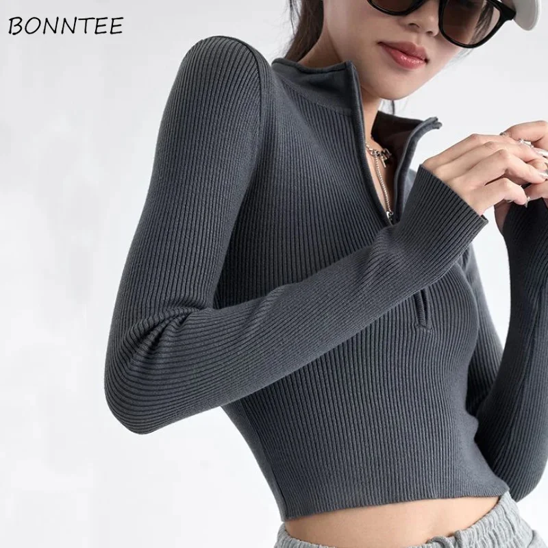 

Knitted Pullovers Women Slim Sexy Half-zip Designed Short Style Crop All-match Chic Female Leisure Fashion New Autumn Sweaters