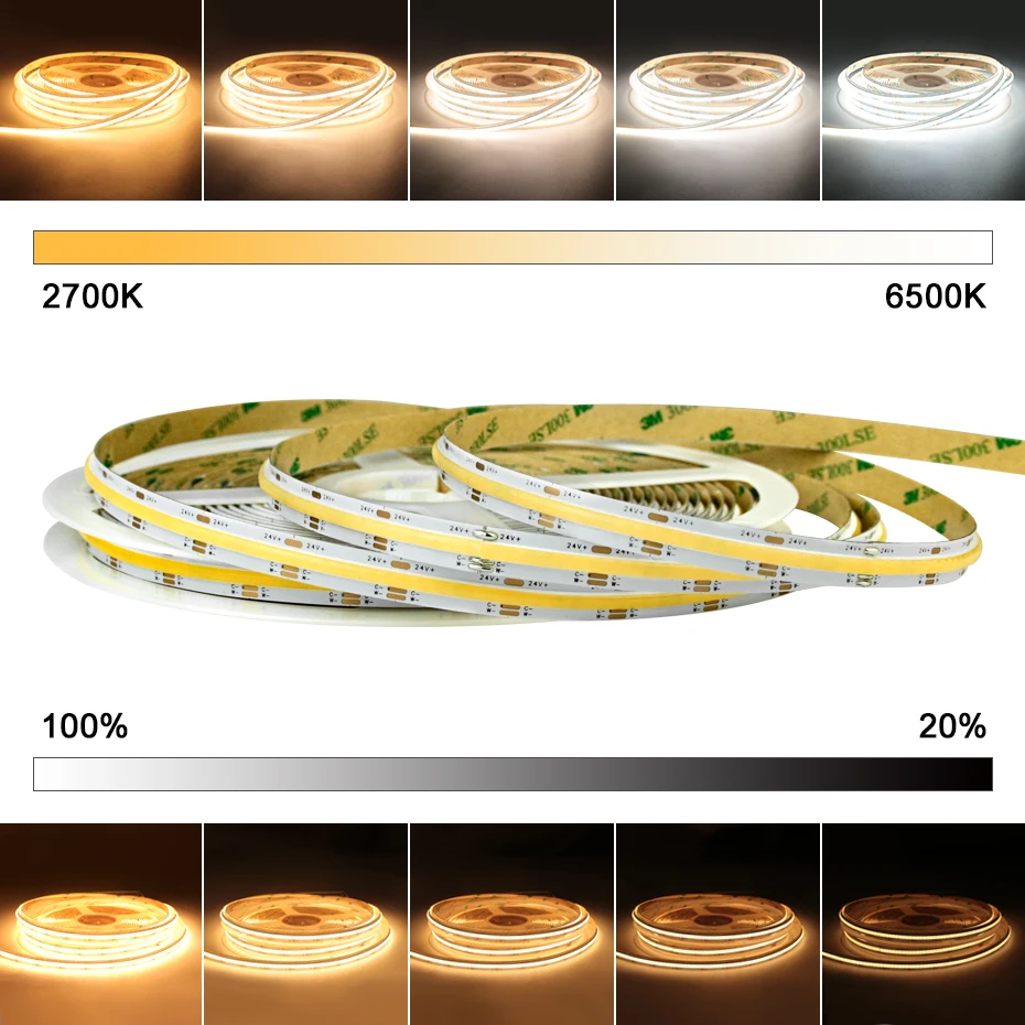 10M 5M COB CCT Светодиодные полосовые лампы 24V DC 2700 - 6500K Светодиодные полосы 560 LED / m COB для управления модулятором RF в интерьере комнаты
