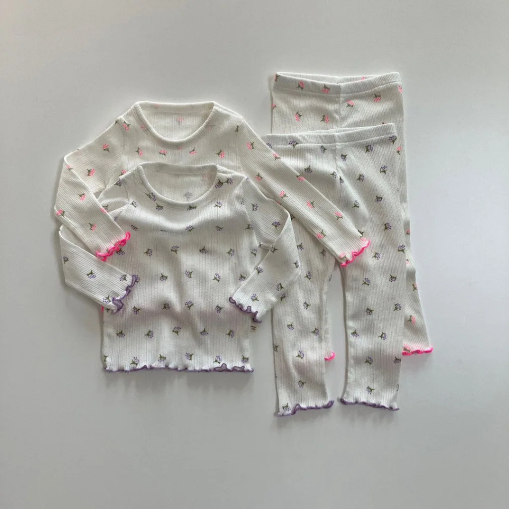 

RiniLucia 2023 Kids Girls Autumn Nightclothes Girl Floral Ruffles Long Sleeve Trousers Sleepwear Nighty for Children Pajamas