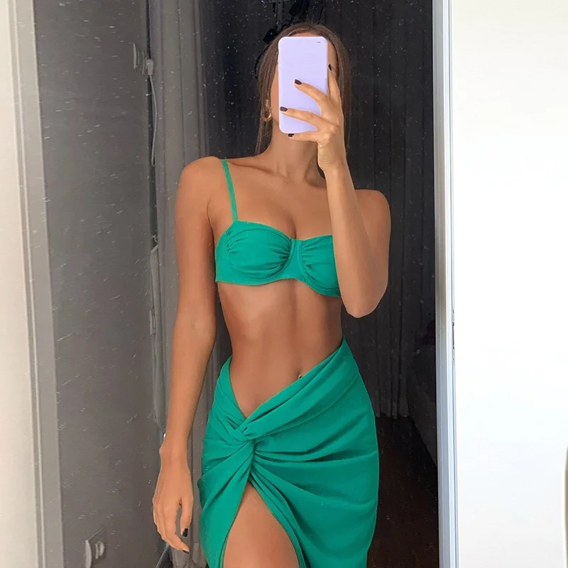 

Женский пляжный комплект из двух предметов, зеленый или коричневый пикантный укороченный топ и ассиметричная юбка для отпуска, лето 2022