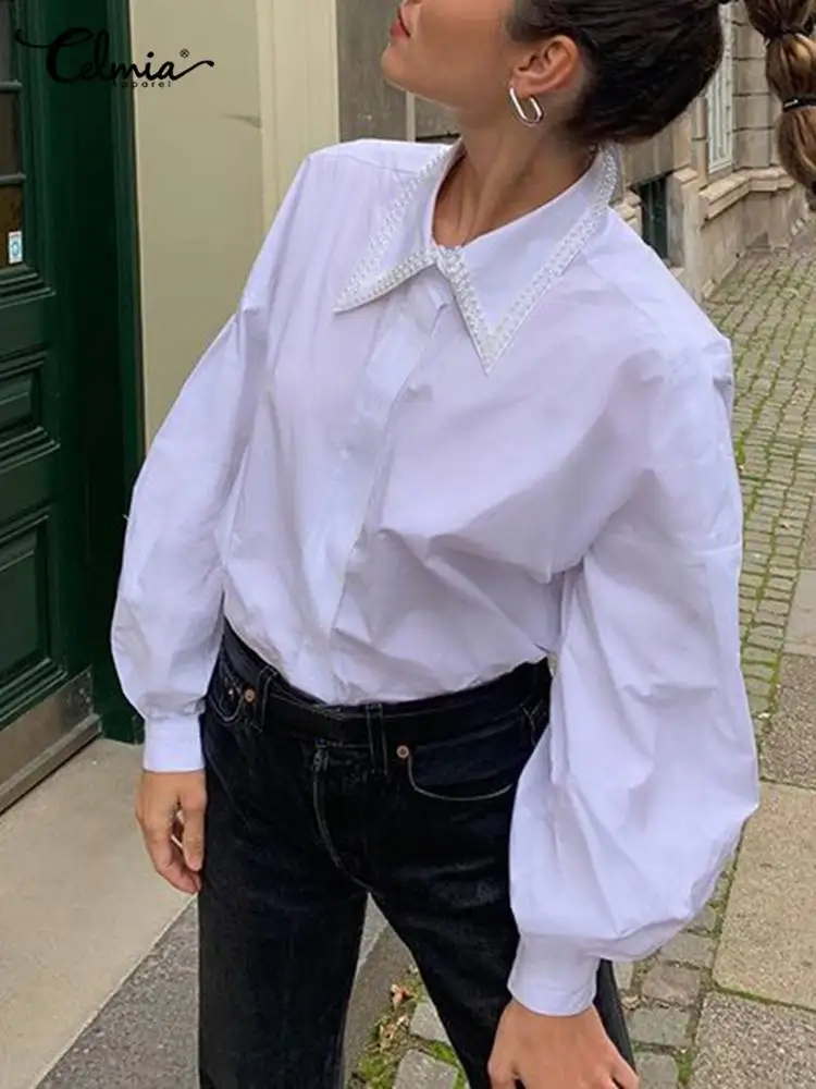 

Модные рубашки Celmia с рукавами-фонариками, Женские Элегантные Осенние блузки 2023, повседневные свободные топы, офисные женские блузки с отложным воротником и жемчугом
