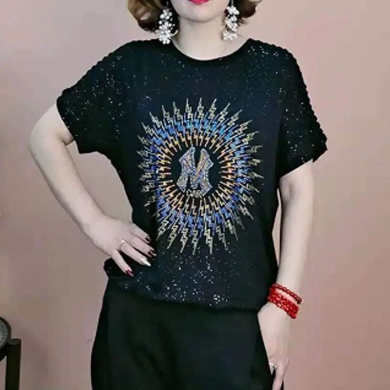 Женский пуловер с коротким рукавом и круглым вырезом Повседневная Свободная