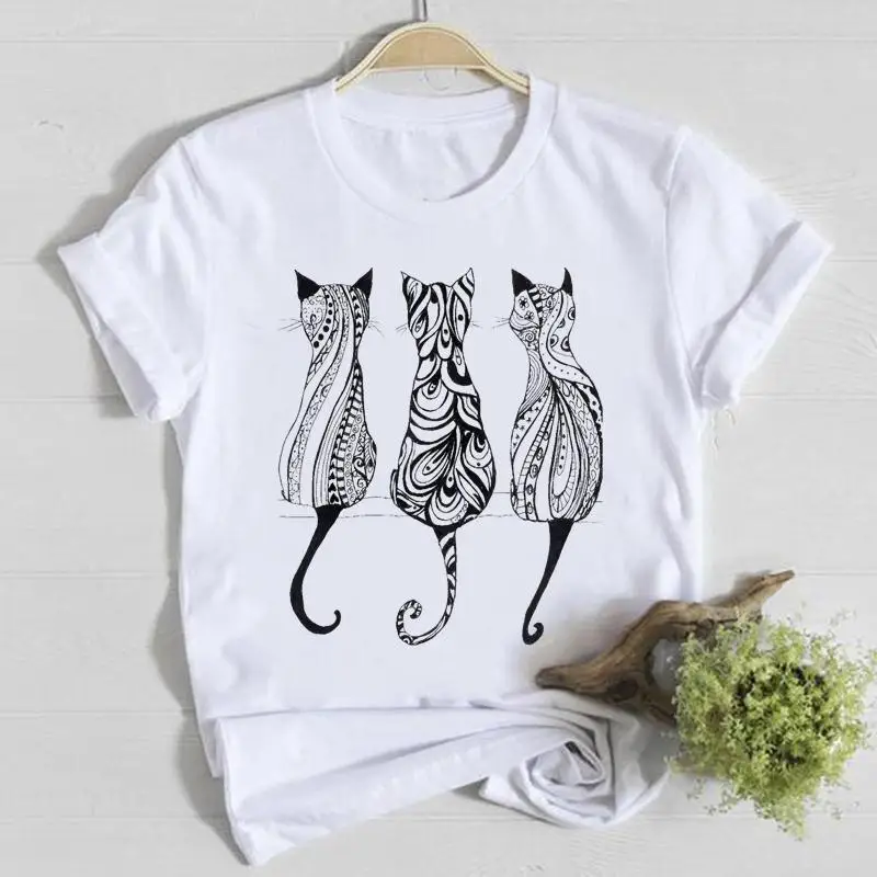 

Одежда с коротким рукавом, модная повседневная футболка, женская футболка, милая Стильная летняя женская футболка с рисунком кошки, женские...