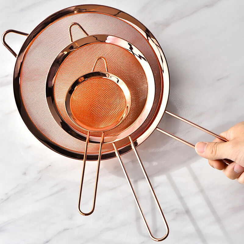 

3PCS Per Set Fine Mesh Strainer Rose Gold Flour Sifter For Baking Stainless Steel Clander Matcha Tea Strainer Gravy Separator