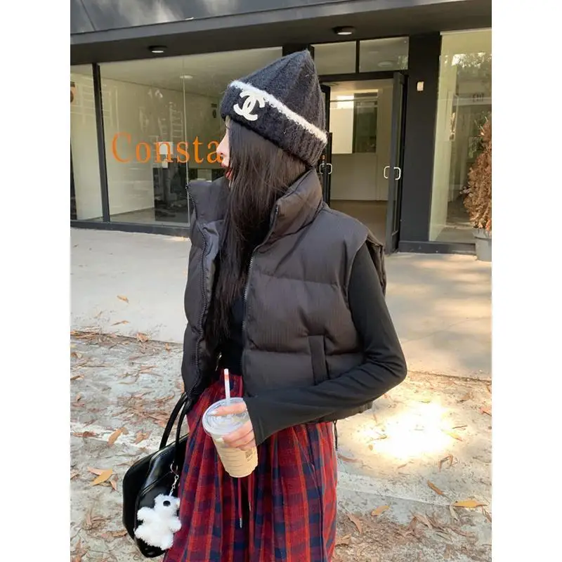 Модный короткий черный жилет с воротником-стойкой в Корейском стиле женская