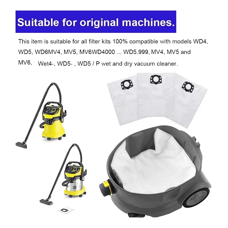 12 мешков для пылесоса + 1 плоский плиссированный фильтр многоцелевого Karcher WD4 WD5 и