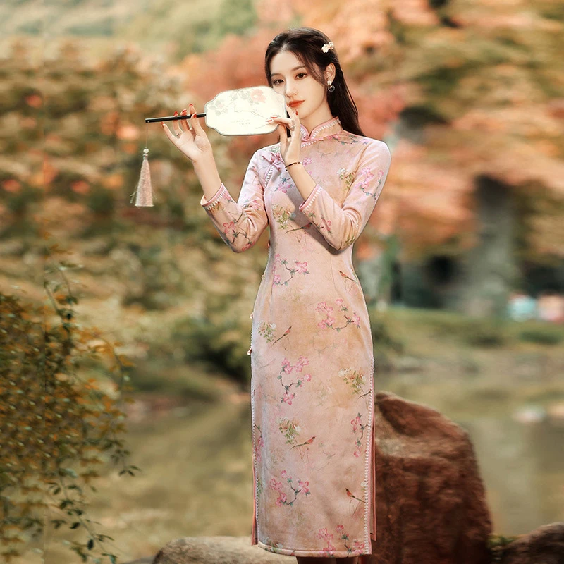 

Cheongsam Qipao Chinese Traditional Dress Vintage Elegant Young Grace Modified Suede 2022 Spring Summer Orient Party Gown Hanfu